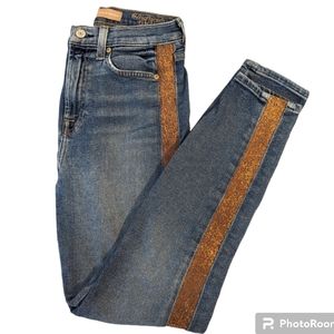 High Waisted Skinny Leg Jean with Gold Metallic Stripe